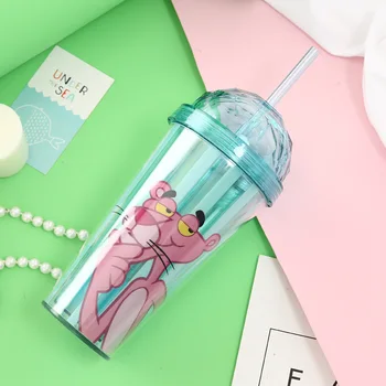 Kūrybos Plastikiniai, Dvigubos Puodelio Pink Panther Sippy Cup Mielas Animacinių Filmų Taurės Mielas Kavos Puodeliai, Puodeliai Nešiojamų Vandens Butelį Plastiko Gerti