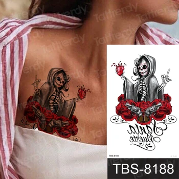 Laikina tatuiruotė krūtinės krūties kaukolė rose seksualus, tatuiruotė moterų tatto netikrą vandeniui gyvūnų, gėlių, kūno, kaklo lipdukas svirties įvorė