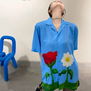 LANMREM 2021 m. Vasarą Moterys Prarasti Atsitiktinis Marškinėliai Spausdinimas Mėlynas Dangus Trumpas Rankovės Moterų Viršūnių korėjos Stiliaus Mados Nauja Banga 2P356