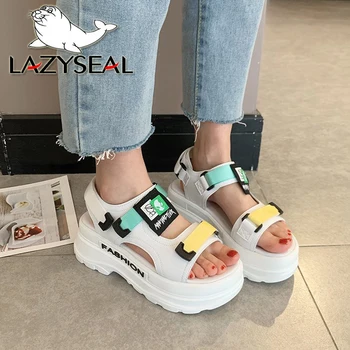 LazySeal 2021 Naujas Hook & Loop Vasaros Moterų Sandalai Magijos Dizaino Platforma Sagtis Dekoruotos Drobės, Patogus Moterys Storio Vienintelis Paplūdimio Bateliai