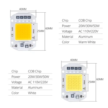 LED, COB (Chip 220V 110 Voltų Led Lustas 20W 30W 50W nereikia Smart IC Vairuotojo Diodų Drožlių Granules Potvynių Šviesos Prožektorius 