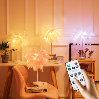 LED Plunksnų Naktį Šviesos Baterija/USB Atmosfera Stalo Lempa Nuotolinio Valdymo Pasakų Žibintai Namų Miegamajame Šalis Vestuvių Kalėdų Dekoro
