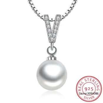 LEKANI 925 sterlingas sidabro naujas ponios fine jewelry aukštos kokybės krištolo cirkonis perlas V formos pakabukas karoliai ilgis 45CM