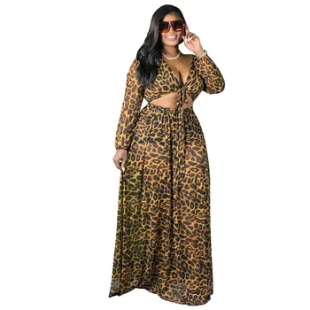 Leopardas Spausdinti Seksuali Moteris Clubwear Dviejų dalių V-kaklo, Nėriniai-up Apkarpyti Viršūnes Grindų-ilgis-line Sijonai Lady Plus Size Vasaros Rinkiniai