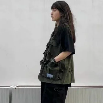 Liemenės Pora Moterų Kišenėje Dizainas Krovinių Nauja Paauglių Japonija Stiliaus Rankovių Kolegijos Unisex Vasaros Outwear Drabužių, Negabaritinių Harajuku