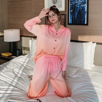 LIEPOS DAINA Satino Moterų Pižama Rinkiniai Kaklaraištis Dažų Elegantiška Pižama Lady Dirbtiniais Šilko ilgomis Rankovėmis Vasarą, Pavasarį Sleepwear Ištaigingas Dėvėti