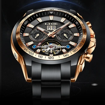LIGE Safyro Stiklas Automatinis laikrodis Vyrams Top Brand Prabanga Full Steel Sporto Mechaninė Žiūrėti Mados 100M Vandeniui Laikrodžiai Vyrams