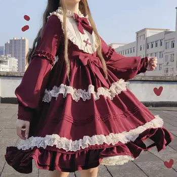Lolita dress kawaii stiliaus 2021 naujo derliaus arbata šalis suknelė lolita kasdien OP ilgomis rankovėmis princesė dress suknelė moteriška raudona juoda