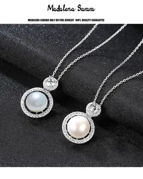 MADALENA SARARA 9-10mm AA Apvalios perlas natūralus baltas Sterlingas sidabro grandinės karoliai Visą Kubinis Cirkonis Tuščiaviduriai Iškirpti Dizaino