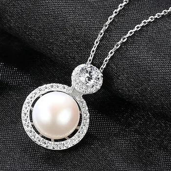 MADALENA SARARA 9-10mm AA Apvalios perlas natūralus baltas Sterlingas sidabro grandinės karoliai Visą Kubinis Cirkonis Tuščiaviduriai Iškirpti Dizaino