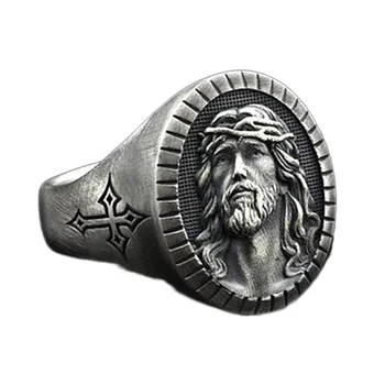 Madinga Prabangūs Papuošalai Jėzus Oksidacijos Antikvariniai Sidabro Ovalo formos Krikščionių Kryžius Religinių Piršto Žiedą Mens Žiedai Gotikos Žiedai Vyrams