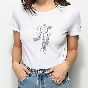 Mados Drabužiai Moterims Marškinėliai, Gėlių Dreamcatcher T-shirt Crewneck 2021 Trumpas Rankovės Indijos Vasaros Top Negabaritinių Harajuku