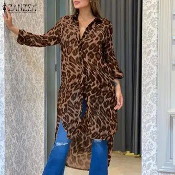 Mados Leopard Marškinėliai Moterų Spausdinti Palaidinės 2021 ZANZEA Atsitiktinis ilgomis Rankovėmis Nesimetriškas Blusas Moterų Atvartas Tunika 5