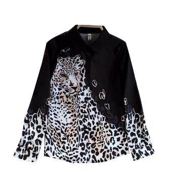 Mados Leopardas Spausdinti Marškinėliai Moterims Atvartas Vieną Krūtinėmis ilgomis rankovėmis Palaidinė Moterų viršūnes ir Palaidinės Prarasti Atsitiktinis Šifono Marškinėliai