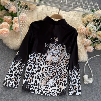 Mados Leopardas Spausdinti Marškinėliai Moterims Atvartas Vieną Krūtinėmis ilgomis rankovėmis Palaidinė Moterų viršūnes ir Palaidinės Prarasti Atsitiktinis Šifono Marškinėliai