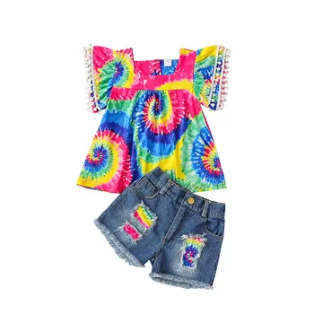 Mados mergaičių vasaros kulka rankovėmis viršūnes puloveris vaivorykštė T-shirts džinsinio šortai bamblys mergina vaikų drabužių rinkinius, 6M 2vnt-4Y