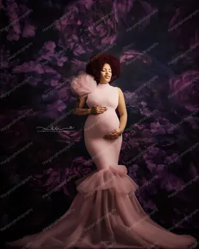 Mados Rožinė Rankovių Undinė Ilgai Materbuty Moterų Dresse Fotosesiją Elegantiškas Pakopų Tiulio Nėštumo Suknelė Vestuvių Suknelės