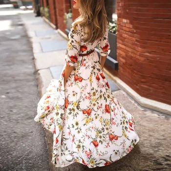 Mados Vasaros Suknelė Moterims Atsitiktinis Pusė Rankovės Boho Suknelės Sūpynės Gėlių atspausdintas Atostogų Grindų ilgio Suknelės #t3g