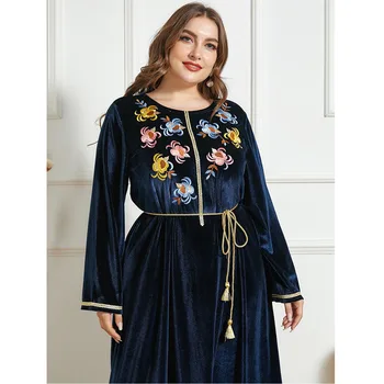 Maroko Abaja Aksomo Siuvinėjimo Kaftan Dubajus Jilbab Musulmonų Moterys Seniai Maxi Suknelė Suknelė Turkijos Islamo Drabužių Ramadanas Plius Dydis