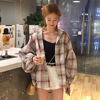 Marškinėliai Moterims Prarasti Vieną Krūtinėmis Studentų Marškinėliai Korėjos Stiliaus Viršaus Moteriški Laisvalaikio Retro Pledas Ilgomis Rankovėmis Palaidinė Ulzzang Naujas Kailis