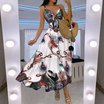 Maxi suknelė 2021top bohemina vestdios Mados Moterų Mygtuką Atsitiktinis Rankovių Camis Vest V-Kaklo Ponios Ilga Suknelė skraiste femm платье
