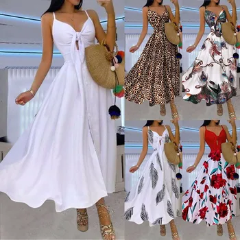 Maxi suknelė 2021top bohemina vestdios Mados Moterų Mygtuką Atsitiktinis Rankovių Camis Vest V-Kaklo Ponios Ilga Suknelė skraiste femm платье