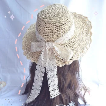 Mažas grynas ir gaivus ir Japonijos joker nėrinių bowknot skrybėlę jungiasi moterų vasaros kelionių didelis pastoge paplūdimio skrybėlę skrybėlę vasarą