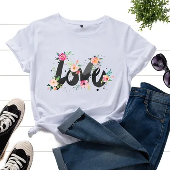 Medvilnės Marškinėliai Moterims Grafinis Tees Atspausdinta Marškinėliai trumpomis Rankovėmis Vasaros Viršūnes Drabužius Dažai, Tapyba Gėlės Meilės Laiškas