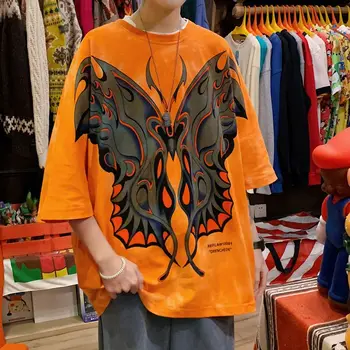 Medvilnės marškinėliai vyrų nišą streetwear drugelis spausdinti orange didelių Negabaritinių hip-hop, punk jaunatvišką gyvybingumą trumparankoviai marškinėliai
