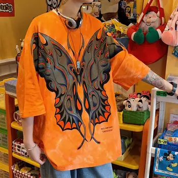 Medvilnės marškinėliai vyrų nišą streetwear drugelis spausdinti orange didelių Negabaritinių hip-hop, punk jaunatvišką gyvybingumą trumparankoviai marškinėliai