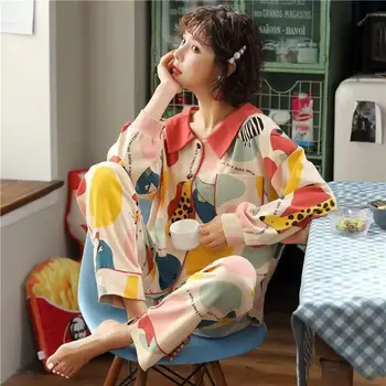 Medvilnės Moterų Sleepwear Pajama Komplektai Mygtuką ilgomis Rankovėmis Rudenį Moteriškos Pižamos Pijama Mujer Atsitiktinis naktiniai drabužiai