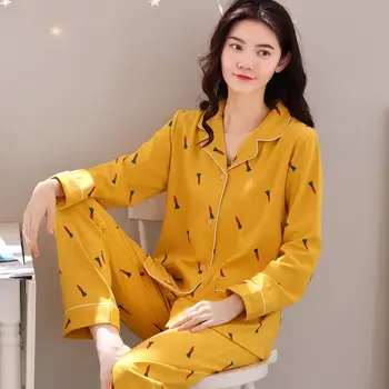 Medvilnės Moterų Sleepwear Pajama Komplektai Mygtuką ilgomis Rankovėmis Rudenį Moteriškos Pižamos Pijama Mujer Atsitiktinis naktiniai drabužiai