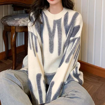 Megzti Megztinis Moterims, Elegantiška Žalia Dryžuota Negabaritinių Puloveriai Moterų Žiemos Prarasti Ilgai Y2KSweaters Streetwear Sueter Mujer 2021