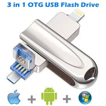 Metalo USB 3.0 Flash Drive, iPhone, iPad, iPod, iMac 16gb 32gb 64gb 128gb 3 in 1 Pendrive nuo žaibo/Micro-usb/Kompiuterinė 256 GB