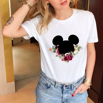 Mickey Minnie Mouse Marškinėliai Mergina Vasaros trumpomis Rankovėmis Purus Baltas O-kaklo Tshirts Harajuku Mados Grafinis Disney Tee Marškinėliai Topai