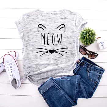 Mielas Kačiukas Cat Graphic Marškinėliai Medvilnė, Vasaros Negabaritinių Marškinėliai Trumpomis Rankovėmis O-Kaklo Atsitiktinis Marškinėliai Moteriška Viršūnes Tees