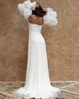 Mielas Perlų Vestuvių Chalatai, Uždusęs Ilgomis Rankovėmis Linija Plius Dydis Dubajaus Stiliaus Nuotakos Vestuvių Suknelės Pagal Užsakymą
