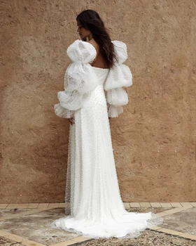 Mielas Perlų Vestuvių Chalatai, Uždusęs Ilgomis Rankovėmis Linija Plius Dydis Dubajaus Stiliaus Nuotakos Vestuvių Suknelės Pagal Užsakymą