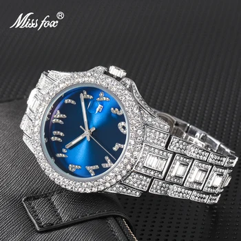 MISSFOX vyriški Žiūrėti populiariausi Prabangos Prekės Blue Dial Vyrų Mados Laikrodžiai Vyrams Big Diamond Apyrankės Aukso Prabangos Žiūrėti Vyrų Naujas