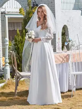 MNGRL Retro Paprastas V-kaklo, ilgomis Rankovėmis Nuotakos Suknelės Baltos spalvos Šifono 3D Gėlių Vestuvių Suknelė Purus Sijonas Plius Dydis Vestuvių Suknelė