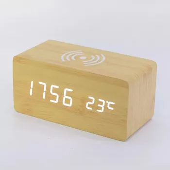 Moderni Medinė Medienos Skaitmeninis LED Stalinis Laikrodis-Žadintuvas Termometras, Belaidis Kroviklis Su 