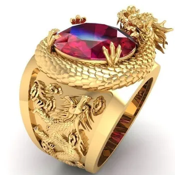 Modyle Prabangūs, Aukso Spalvos Dragon Modelis Vyrų Žiedai Inkrustacijos Didelis Ovalo Formos Raudonas Akmuo Kilnus Vestuves Piršto Žiedai Vyrų Madinga Papuošalai