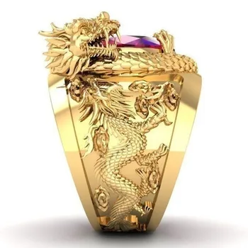 Modyle Prabangūs, Aukso Spalvos Dragon Modelis Vyrų Žiedai Inkrustacijos Didelis Ovalo Formos Raudonas Akmuo Kilnus Vestuves Piršto Žiedai Vyrų Madinga Papuošalai