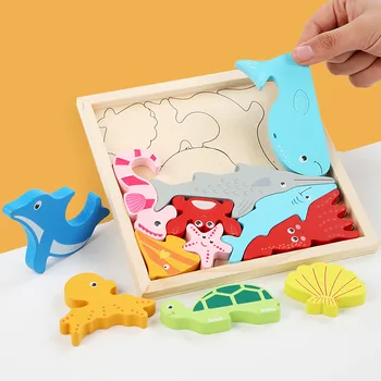 Montessori Mediniai Žaislai, Dėlionės Vertus Patraukti Lentos Dėlionės Gyvūnų 3D Nušvitimą Įspūdį Žaislas Vaikams
