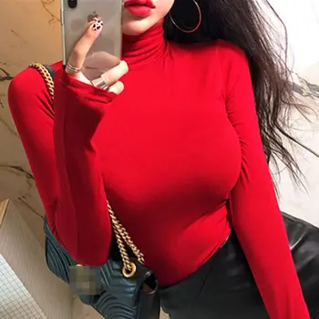 Moteris TShirts Moterų Golfo Pavasarį ir Rudenį Slim Fit Demonas ilgomis Rankovėmis Raudona marškinėliai Viršuje Pasėlių Viršuje Mujer Camisetas