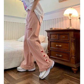 Moteriški Džinsai, Rožinė Mados Siuvinėjimo Streetwear Didelis Juosmens Pločio Kojų Kelnės Y2k Baggy Harajuku Tiesiai Denim Jean 2021 Naujas
