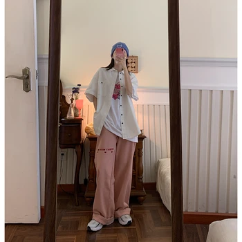 Moteriški Džinsai, Rožinė Mados Siuvinėjimo Streetwear Didelis Juosmens Pločio Kojų Kelnės Y2k Baggy Harajuku Tiesiai Denim Jean 2021 Naujas