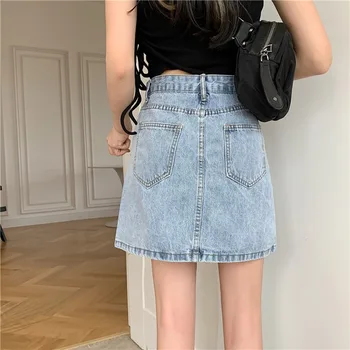 Moteriški sijonai Pavasarį ir vasarą 2021 naujų korėjos stiliaus aukšto juosmens, plonas džinsinis sijonas-line sijonas Kaubojus Harajuku