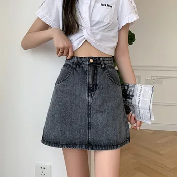 Moteriški sijonai Pavasarį ir vasarą 2021 naujų korėjos stiliaus aukšto juosmens, plonas džinsinis sijonas-line sijonas Kaubojus Harajuku