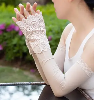 Moteriški vasaros ilgas pirštines, apsaugos nuo saulės plonas ilgas, anti-uv nėrinių pirštinės oversleeps seksualus nepirštuotos nėrinių pirštinės rankos rankovės 45cm R2981